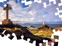 Llanddwyn Anglesey, Morze, Wyspa, Krzyż, Walia, Latarnia Mo
