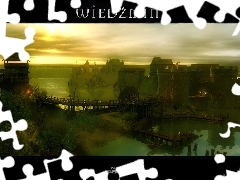 chmury, most, jezioro, The Witcher, słońce, wioska