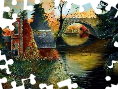 Rzeka, Dom, Jesień, Most