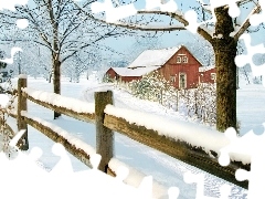 Dom, Śnieg, Droga, Zima, Drzewa, Płot