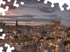 Zmierzch, Miasta, Światła, Toledo, Hiszpania, Panorama