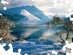 Drzewa, Śnieg, Góry, Jezioro