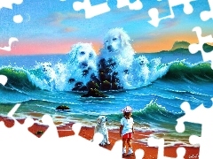 Psy, Fale, Morze, Dziecko, Plaża