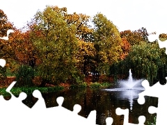 Drzewa, Kolorowe, Park, Fontanna, Jesienią
