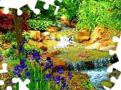 Potok, Kamienie, Drzewa, Kwiaty