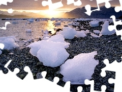 Lód, Kamienie, Zachód Słońca, Jezioro