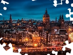 Miasta, Amsterdam, Noc, Domy, Panorama, Kościoły, Ulice