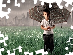 Deszcz, Parasol, Chłopczyk, Pole