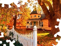 Drzewa, Ogrodzenie, Jesień, Liście, Dom