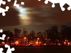Księżyc, Drzewa, Park, Wieczór