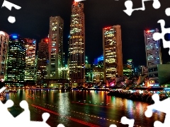 Azja, Miasta, Wieżowce, Noc, Singapur, Widok