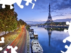 Drzewa, Statki, Wieża , Droga, Francja, Paryż, Eiffla, Rze