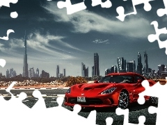 Dodge, Sportowy, Viper, Samochód, Miasto, Dubaj, Burj Khalifa, Czerwony