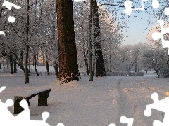 Ławka, Drzewa, Zima, Śnieg, Park