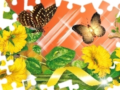 Grafika, Motyle, Żółte, Komputerowa, Kwiaty