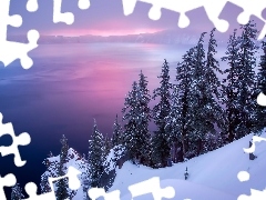 Zima, Jezioro Kraterowe, Stany Zjednoczone, Świerki, Oregon