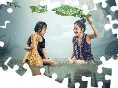 Deszcz, Dziecko, Rzeka, Liść, Kobieta