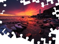 Zachód słońca, Wybrzeże, Latarnia morska Portland Head Light, Stany Zjednoczone, Skały, Stan Maine, Cape Elizabeth