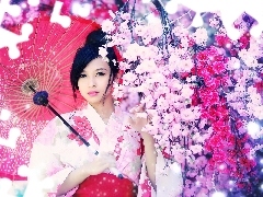 Parasolka, Kwitnące, Drzewa, Kobieta, Wiosna, Japonka