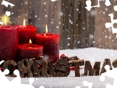 Boże Narodzenie, Dekoracja, Śnieg, Czerwone, Świąteczna, Świece, Szyszki