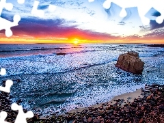 Zachód słońca, San Diego, Morze, Stany Zjednoczone, Kamie