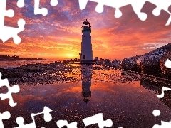 Wschód Słońca, Santa Cruz, Latarnia morska Walton Lighthouse, Stany Zjednoczone, Kamienie, Stan Kalifornia
