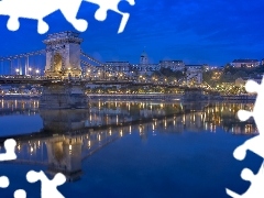 Zamek Królewski, Noc, Most Łańcuchowy, Węgry, Rzeka Dunaj, Budapeszt