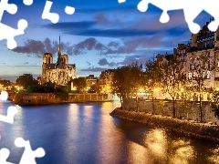 Noc, Most, Rzeka, Notre, Domy, Dame, Paryż