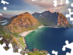 Morze, Wyspa Moskenesøya, Góry, Norwegia, Plaża Kvalvika, Lofoty
