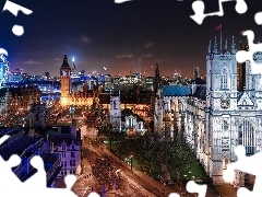 Noc, Big Ben, Kolegiata św. Piotra w Westminsterze, Anglia, Koło obserwacyjne London Eye, Londyn, Opactwo Westminster
