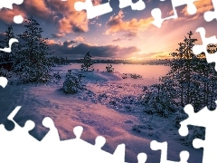 Zachód słońca, Jezioro, Las, Drewniany, Drzewa, Norwegia,