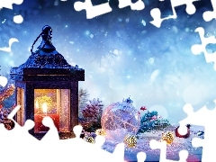 Lampion, Kompozycja, Śnieg, Boże Narodzenie, Bombki, Świ