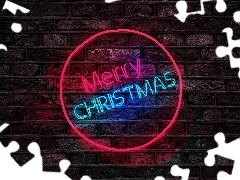 Neon, Ściana, Napis, Merry Christmas, Boże Narodzenie