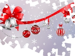 Dzwonki, Świąteczna, Kokarda, Bombki, Grafika 2D, Czerwona, Boże Narodzenie