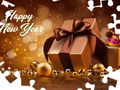 Napis, Nowy Rok, Bombki, Prezenty, Happy New Year, Życzenia