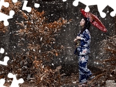 Kimono, Azjatka, Rośliny, Śnieg, Parasol, Kobieta