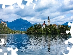 Jezioro Bled, Kościół Wniebowzięcia Marii Panny, Góry, Wyspa Blejski Otok, Słowenia