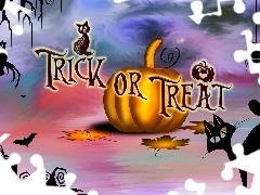 Trick or Treat, Halloween, Kot, Grafika, Dynia, Napis