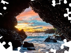 Skały, Wschód słońca, Morze, Jaskinia, Hawaje