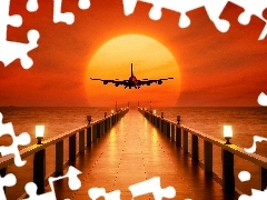Molo, Morze, Samolot, 2D, Lampy, Zachód słońca
