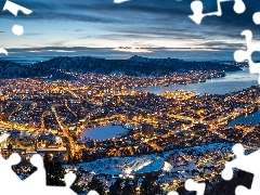Domy, Bergen, Góry, Świt, Morze, Norwegia, Zima, Chmury, 