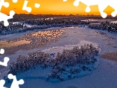 Zima, Ośnieżone, Finlandia, Drzewa, Laponia, Rzeka Kettujoki, Zachód słońca, Lód