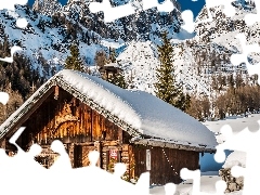 Śnieg, Zima, Chata, Drzewa, Ramsau am Dachstein, Austria, Góry, Alpy, Świerki