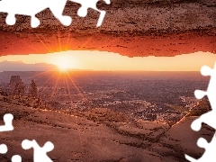 Park Narodowy Canyonlands, Stany Zjednoczone, Skały, Promienie słońca, Łuk Mesa Arch, Stan Utah