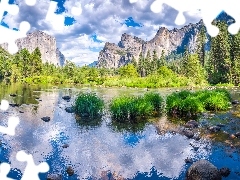 Stan Kalifornia, Stany Zjednoczone, Park Narodowy Yosemite, Zielona, Góry Sierra Nevada, Chmury, Rzeka Merced, Drzewa, Trawa