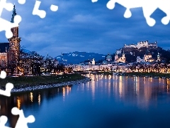 Domy, Wzgórze Festungsberg, Austria, Twierdza, Salzburg, Kościół, Rzeka Salzach, Zamek Hohensalzburg