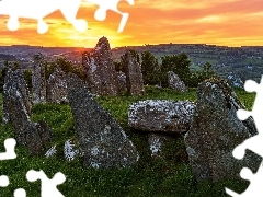 Krąg, Kamienie, Irlandia, Zachód słońca, Hrabstwo Donegal, Kamienny, Beltany Stone Circle, Chmury
