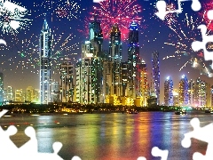 Wieżowce, Fajerwerki, Dubaj, Noc, Zjednoczone Emiraty Arabskie