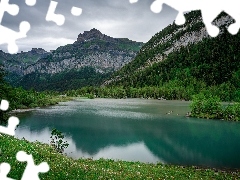 Alpy Berneńskie, Kanton Valais, Lac de Derborence, Góry, Szwajcaria, Jezioro, Lasy