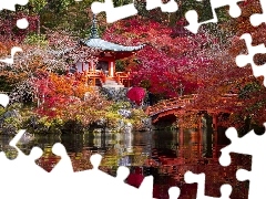 Drzewa, Staw, Jesień, Ogród, Daigo-ji, Kioto, Most, Świą